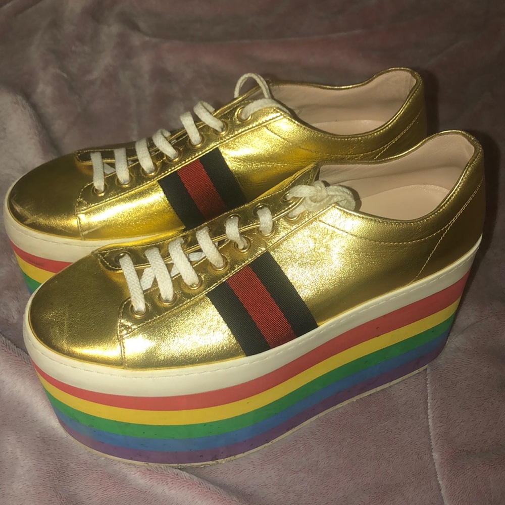 Gucci metallic gold rainbow platform shoes